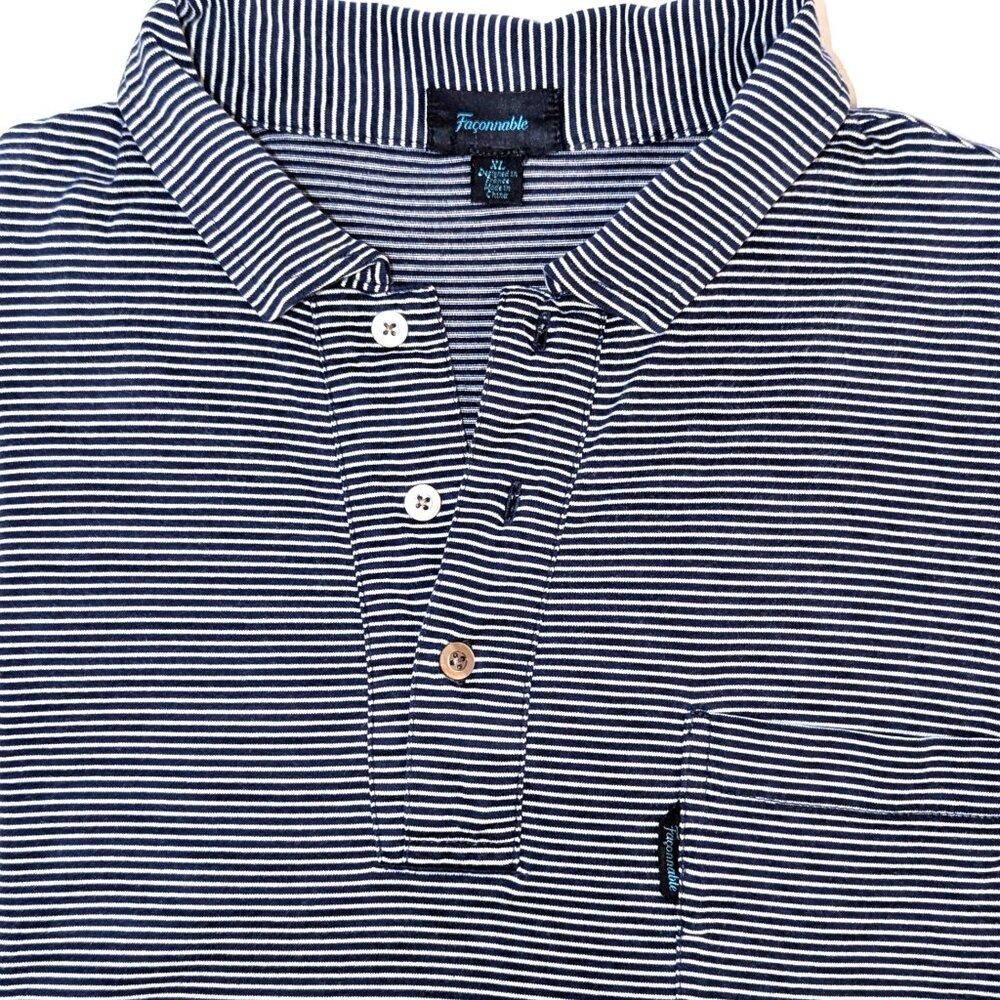 Faconnable Men’s | 100% Cotton Short Sleeve Front Pocket Polo Navy Stripes | XL